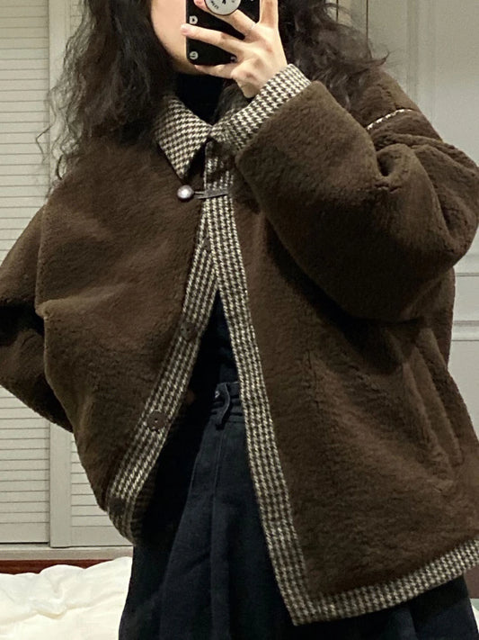 Korean Winter Brown Coat - Patchwork Wool High Street Button Outerwear