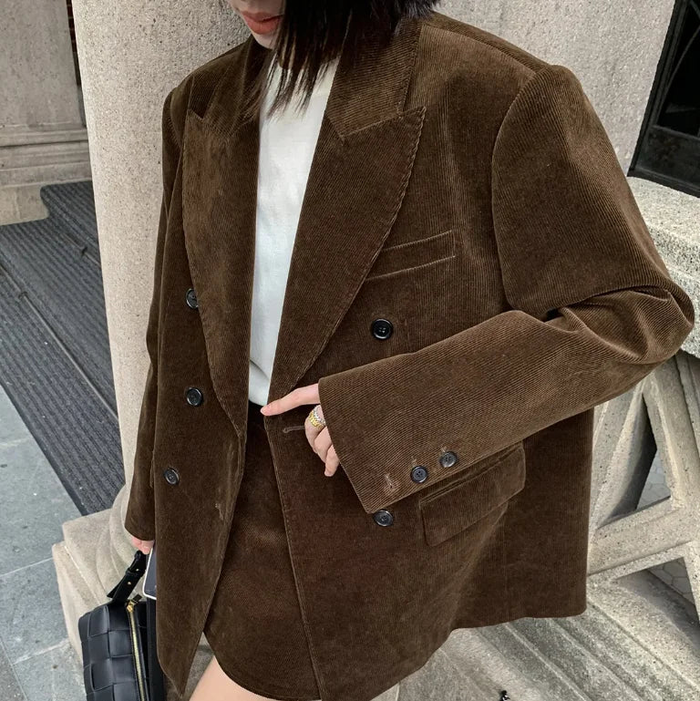 Women's Velvet Double-Breasted Coat - Deep Brown Western Blazer