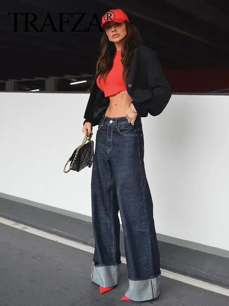 Women's Denim Co-ord Set - Crop Jacket & Wide Leg Jeans