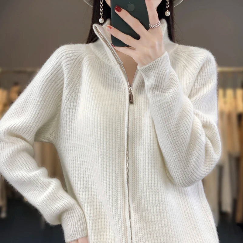 100% Merino Wool Knitting Sweater Turtleneck Zipper Cardigan Autumn/Winter cashmere jacket