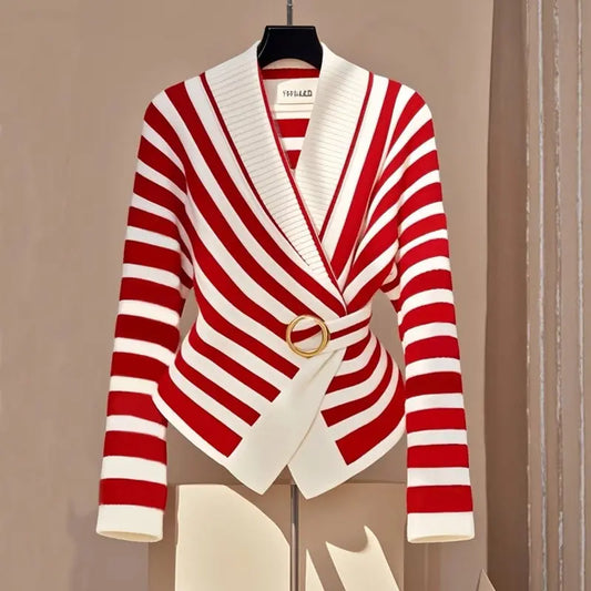 Red & White Striped Wrap Cardigan with Gold Ring Belt