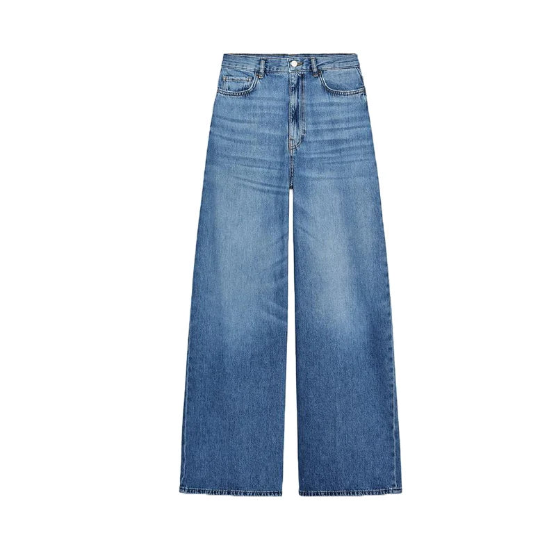 Denim puffy summer collar High Waist Wide Leg  trouser Two Piece Set