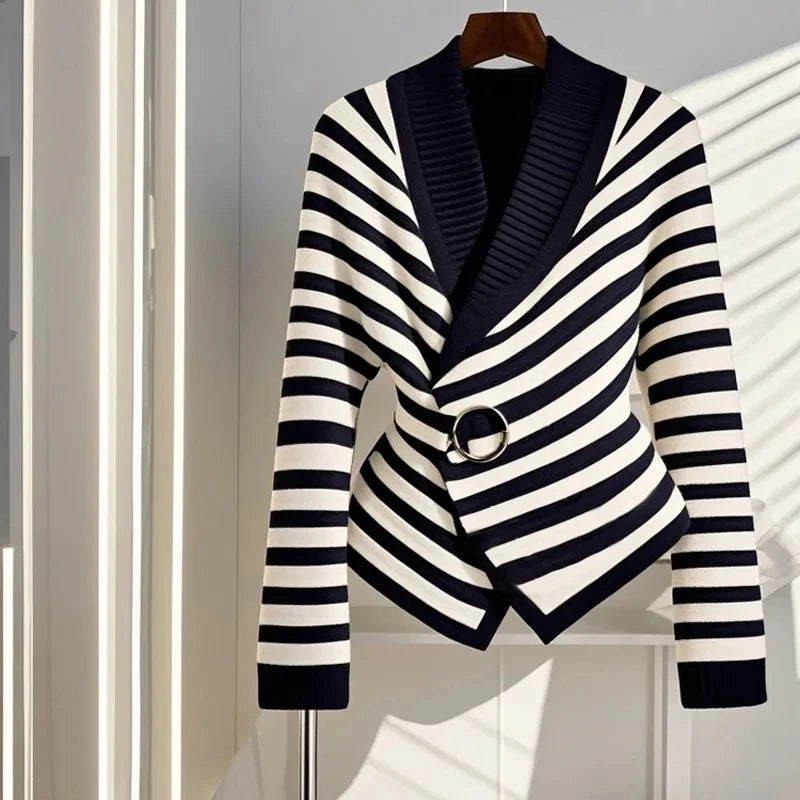 Red & White Striped Wrap Cardigan with Gold Ring Belt
