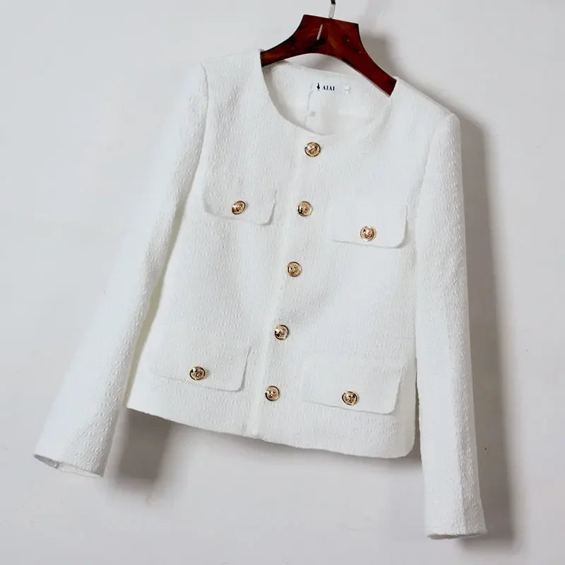Women's Korean Style Single-Breasted Tweed Coat - 2024 Chic Retro Jacket