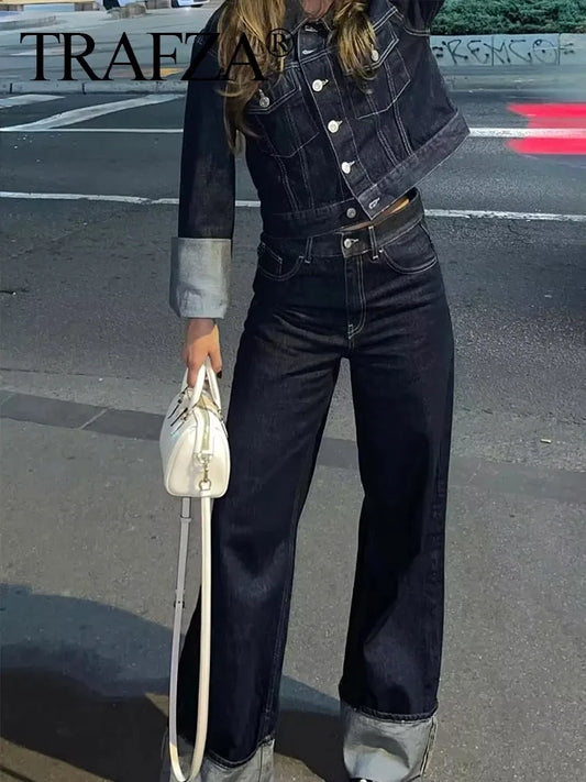 Women's Denim Co-ord Set - Crop Jacket & Wide Leg Jeans