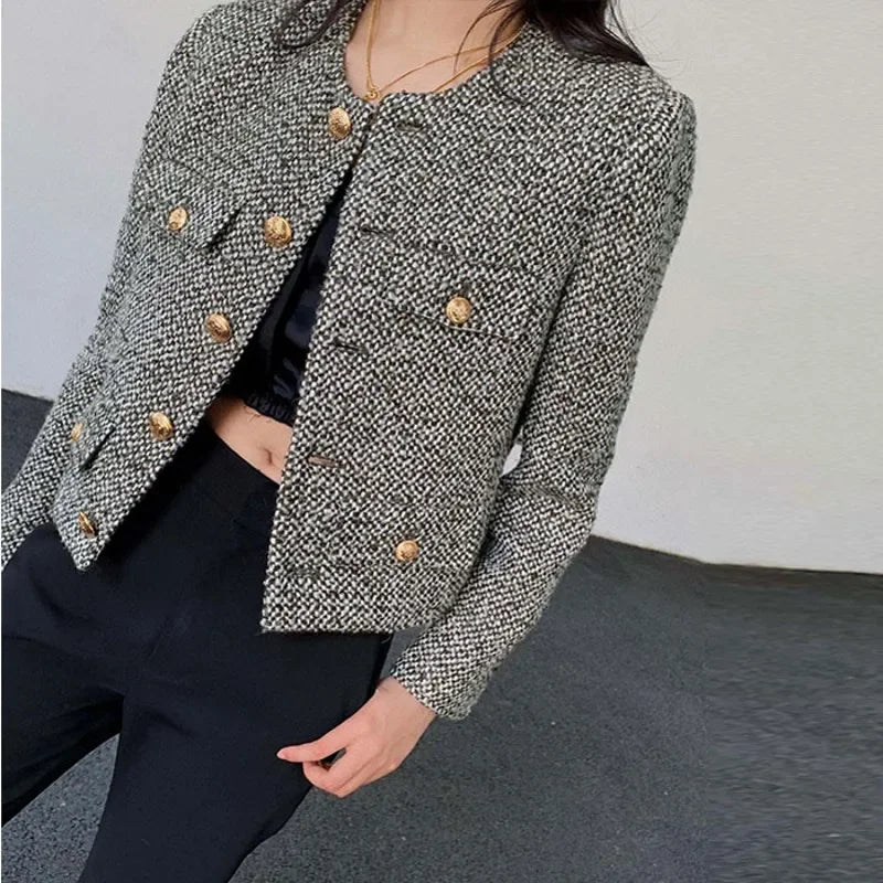 Women's Korean Style Single-Breasted Tweed Coat - 2024 Chic Retro Jacket
