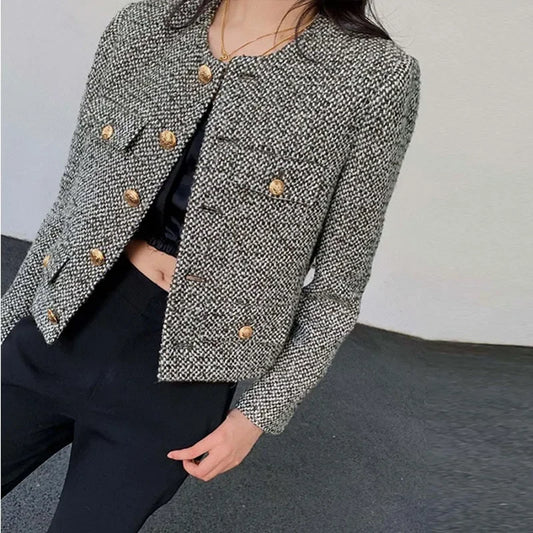 Women's Korean Style Single-Breasted Tweed Coat - 2024 Chic Retro Jacket