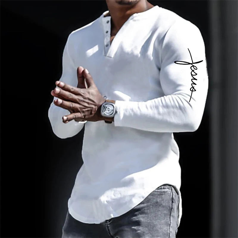 Men's Vintage Henley Shirt - Jesus Christ Cross 3D Print Streetwear