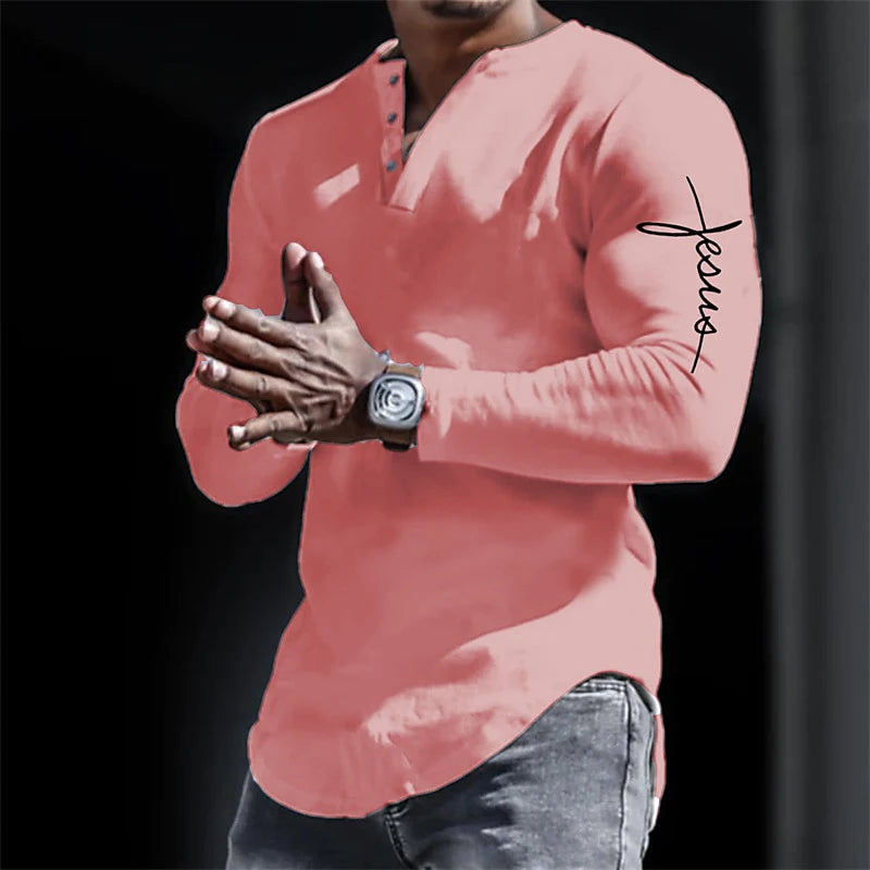 Men's Vintage Henley Shirt - Jesus Christ Cross 3D Print Streetwear