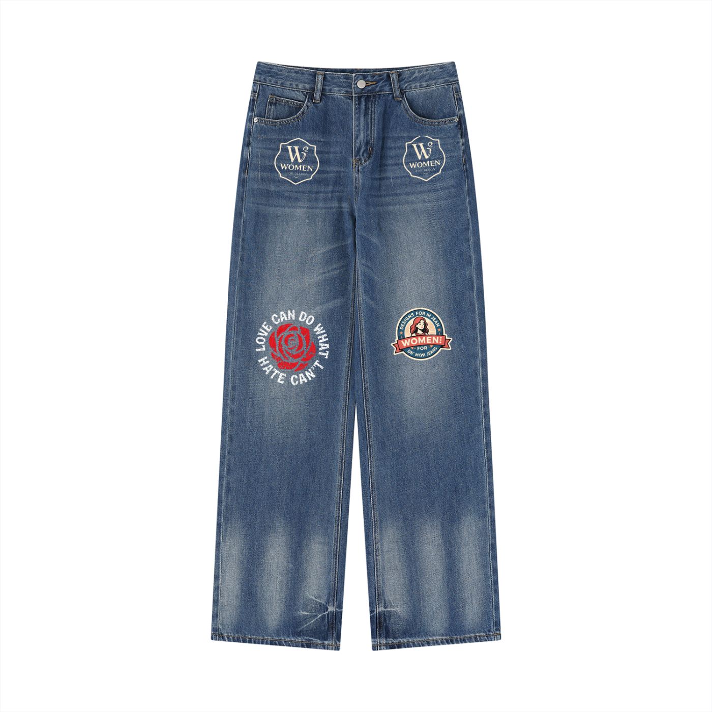 Jabhaus Vintage Patchwork Wide-Leg Jeans – Distressed Blue Denim