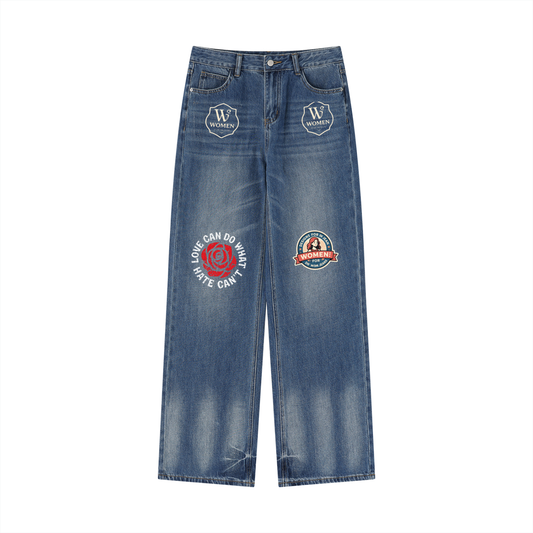 Jabhaus Vintage Patchwork Wide-Leg Jeans – Distressed Blue Denim