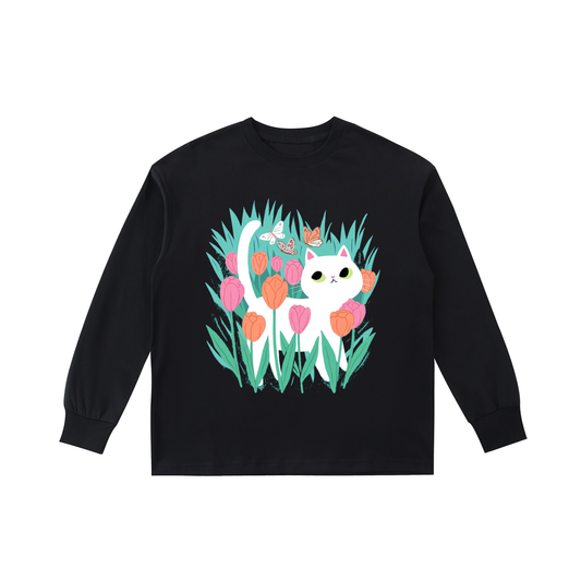 Jabhaus Cat & Tulip Garden Graphic Long Sleeve Tee