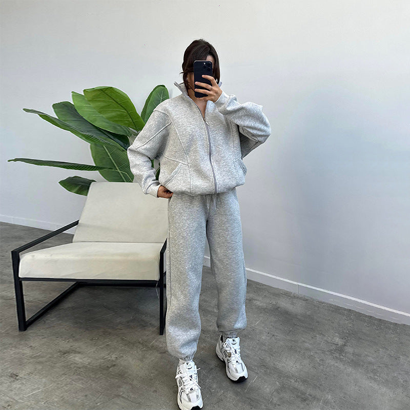 Women's Jogger Tracksuit Set - Zipper Cardigan & Drawstring Pants