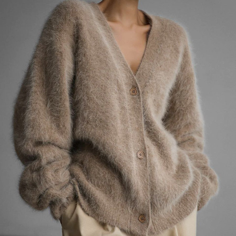 Loose V-Neck Button Cardigan – Fall/Winter Knitted Sweater for Women