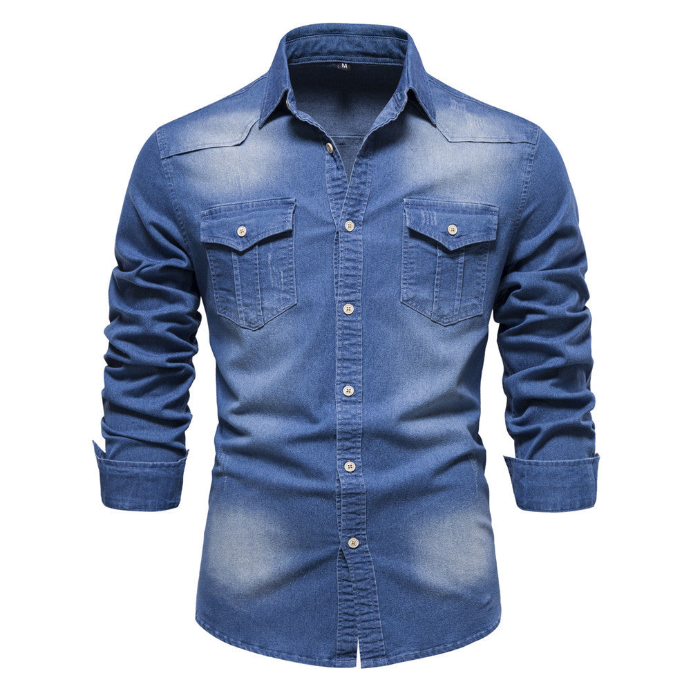 Men's Long-sleeved Denim Shirt Casual Solid Button Slim Top