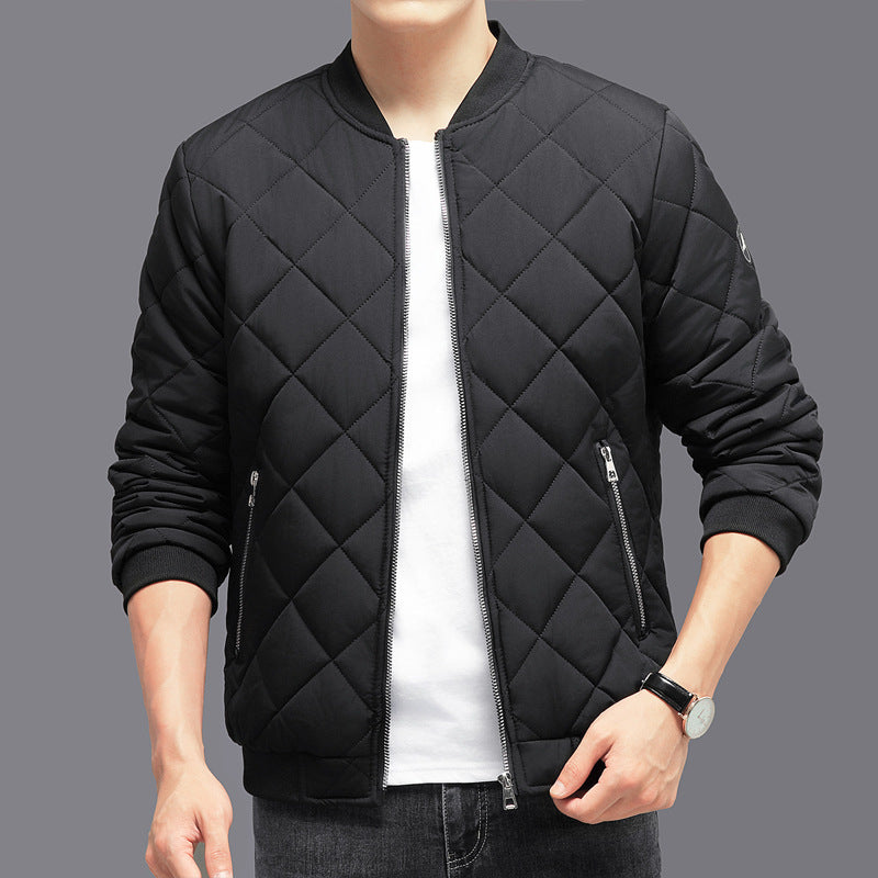 Men’s Quilted Baseball Jacket – Rhombic-Sewing Cotton Coat, Thickened Warm Winter Outerwear