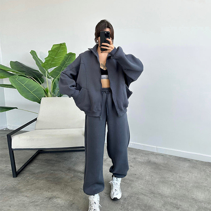 Women's Jogger Tracksuit Set - Zipper Cardigan & Drawstring Pants